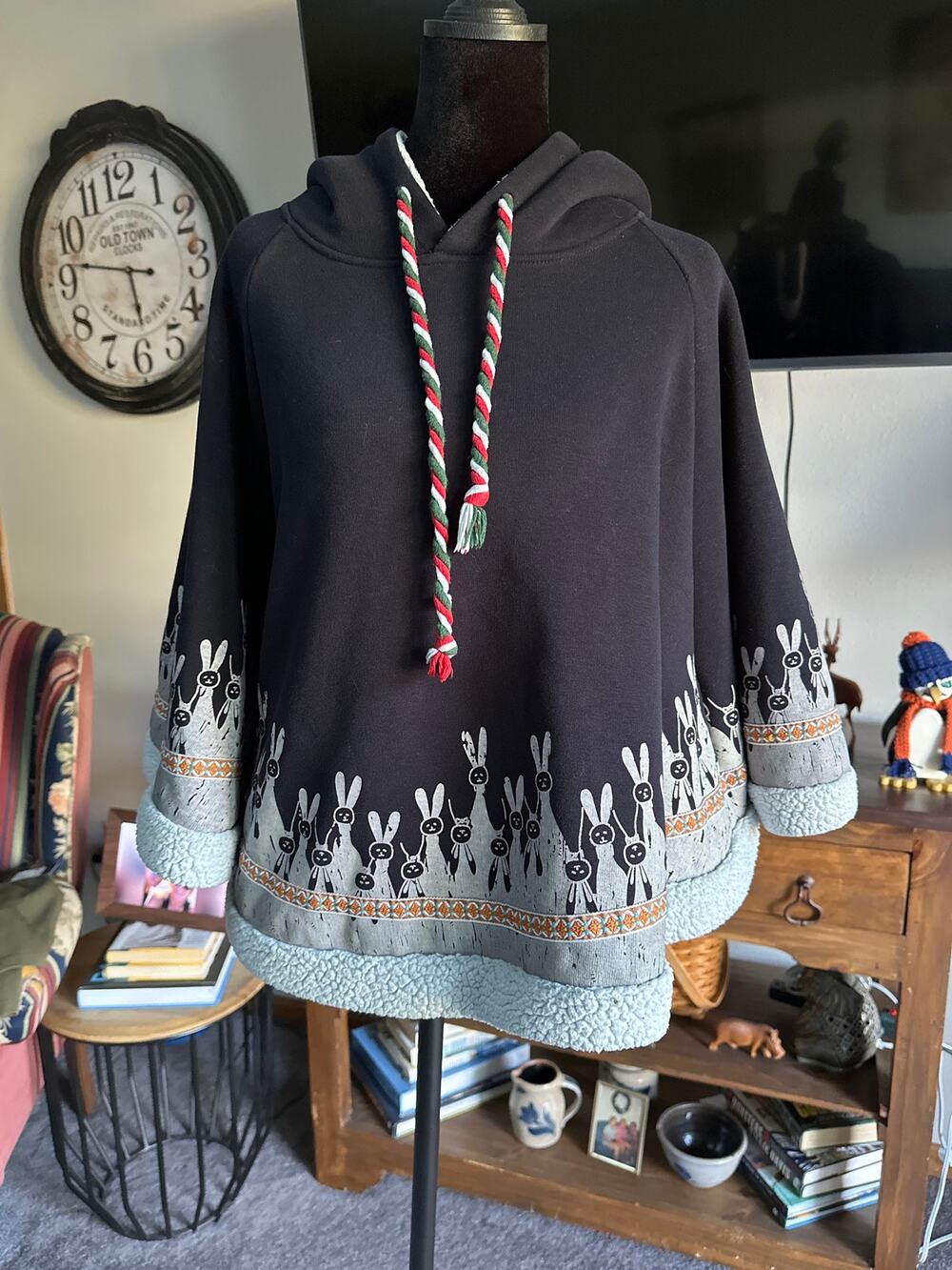 CAT Navy Kawaii Bunny Ears Hooded Poncho Cape Rabbit Embroidered Folk Trim OS